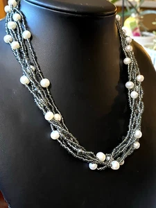 Vintage Pearls and Glass Beaded Multi Strand Necklace w/Sterling Silver Cap - Picture 1 of 16