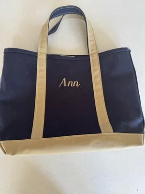 L.L. Bean Boat and Tote Medium Canvas Bag Navy Tan Embroidery Personalized Ann - Image 1 of 4