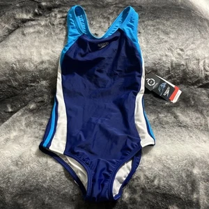 Speedo Sz 12 Women's Navy/White/Ocean One Piece Bathing Suit UPF 50+ NWT - Picture 1 of 14