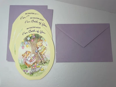 Easter Cards~Set of 3~Egg-shaped design~Bunnies~Gathering Eggs~"For Both of You" - Image 1 of 4