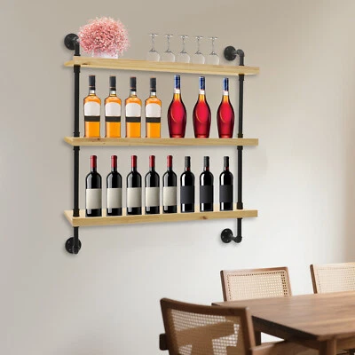 3 Tiers Wine Bottles Floating Shelves Display Storage Organizer Rack f/ Home Bar - Image 1 of 4
