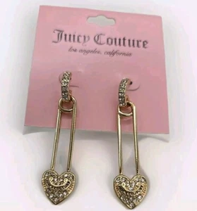 Juicy Couture Earrings Safety Pin Gold Tone Crystal Hoop Drop Heart Charm - Picture 1 of 7