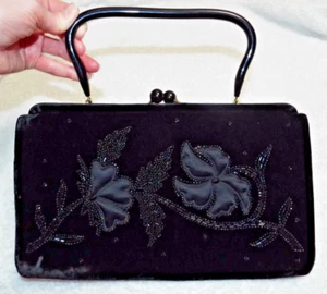 Vintage Abendtasche schwarz Samt & Satin mit Glasperlen Blumenmuster - Bild 1 von 20