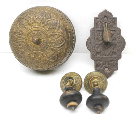 Victorian Entry Through Door Metal Doorbell Ringer Parts+2 Free Wood Door Pulls Cover
