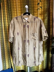 COMME DES GARCONS SHIRT Olive Green Cupro & Brown Mask Embroidery Button Up M - Picture 1 of 7
