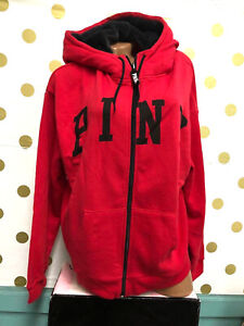 Victoria's Secret Pink Full Zip Hoodie Sherpa Hood Lined Red X-Large NWT