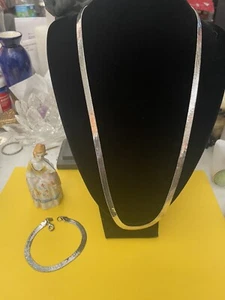 Vintage Signed REVLON Silver Tone Flat Herringbone Necklace & Bracelet Set - Picture 1 of 3