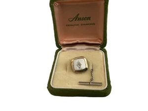 Vtg  ANSON Tie Tack Diamond Clip Two Tone Silver Gold Tone Original Box - Picture 1 of 9