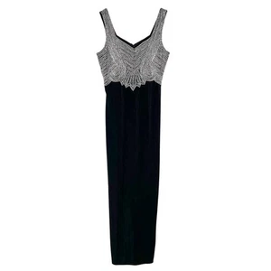 Stenay : Vintage Beaded Velvet Gown w Slit Back Overlay & Art Deco Bodice : XS - Picture 1 of 16