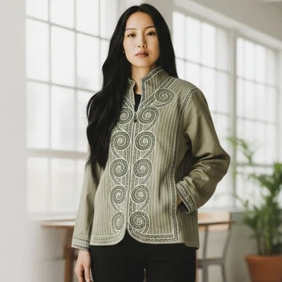 Chaqueta Bordada De Colección Bob Mackie Usable Art Beige/Verde y Blanco 2X Cremallera Completa Foto 1 de 4