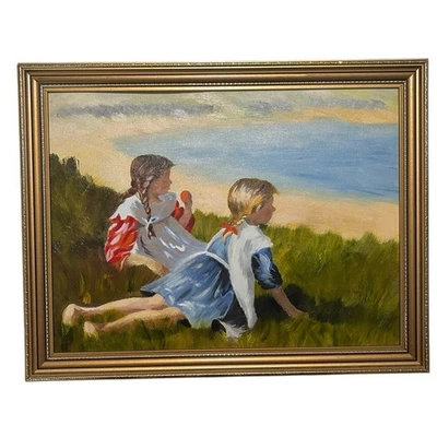 Vintage Oil Painting E J Spilsbury Canvas Framed 1996 Girls Children Beach Sea - Image 1 of 4