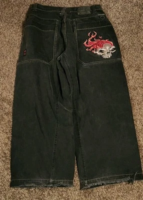 Pantalones de mezclilla vintage Y2K JNCO calavera llameante 34 x 30 negros anchos Grunge Fire años 90 RARO Foto 1 de 4