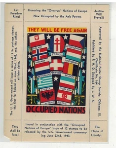 Segunda Guerra Mundial Patriótico 1942 STAEHLE DIETZ ETIQUETA COMO NUEVA NACIONES OCUPADAS VOLVERÁN A SER LIBRES - Imagen 1 de 1