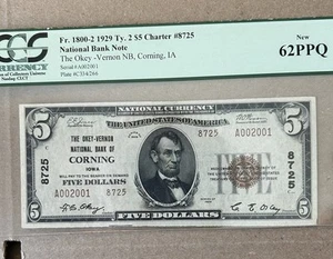 1929 Type 2 $5 Okey Vernon NB CORNING, IOWA CH#8725 Fr#1800-2 PCGS 62 PPQ - Picture 1 of 2