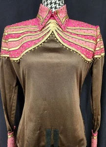 WESTERN SHOW Top BROWN PINK & GOLD size MEDIUM by Jean's Customs VGC - Picture 1 of 11