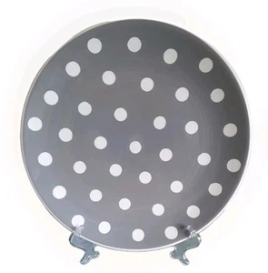 WHITTARD OF CHELSEA GREY & WHITE POLKA DOT DINNER PLATES 26cms HAIND PAINTED. - Picture 1 of 7