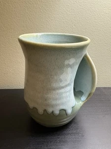 Art Pottery Light Blue Green Drip Glaze HAND WARMER MUG 5” Unsigned - Picture 1 of 7