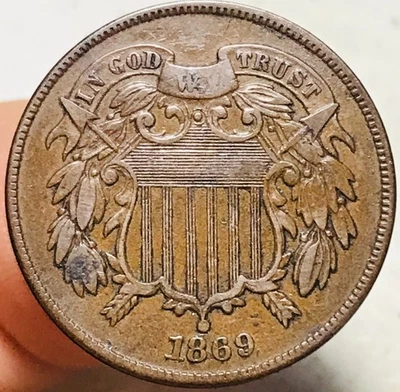 1869 Two Cent Piece 2C FULL MOTTO Civil War Era US Copper Coin CC28226 - Image 1 of 4