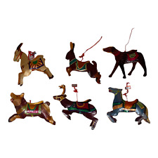 Vintage Christmas Ornaments Animals Set Of 6 Wood Strip Folk Art Made in China 