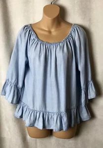 Sanctuary Women Off-The-Shoulder Peasant Top Luna Wash Blue SIze L - Picture 1 of 7