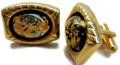 Confetti Lucite Black Oval Gold Tone Fleck Vintage Signed Hickok Tux Shirt Dress - Image 1 of 4