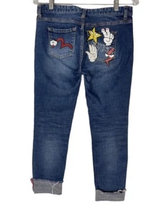 EVISU For Maniac Graphic Print Backpocket Skinny Crop Fray Jeans Size: 64/26 - Picture 1 of 5