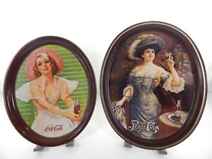 Coca Cola 1977 Lady In Pink Hat+ Pepsi 1983 Gibson Girl Tin Serving Tip Tray Lot