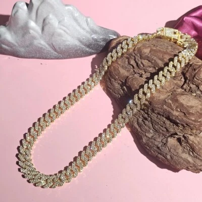 15ct Created Diamond 14K Yellow Gold Plated 12mm Miami Cuban Chain Necklace Mens - Image 1 of 4