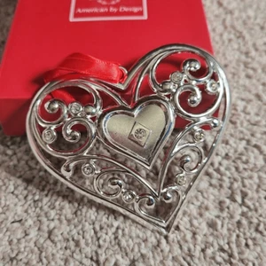 Lenox Sparkle and Scroll Clear Crystal Heart Ornament Silverplate - Picture 1 of 5