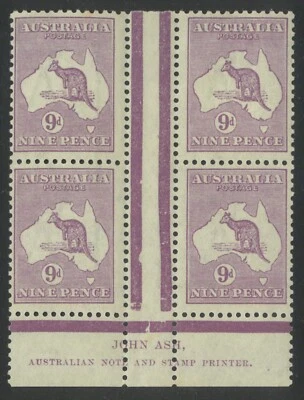 Australia Kangaroo & Map 3rd WMK 9d Pale Violet Ash Imprint Block/4 Stamps (S) - Image 1 of 2