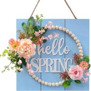 Idyllic Hello Spring Sign Wreath for Front Door, Artificial Flower Blue - Picture 1 of 7