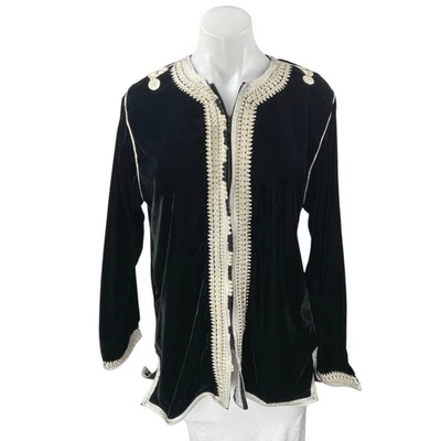 Blusa feminina de veludo preto marroquina manga longa bordada com zíper M - Imagem 1 de 4