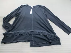 Logo Womens Shirt XL Gray Long Sleeve Round Neck Ruffled High Low Cotton New - Picture 1 of 11