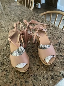 Topshop Wedges Size 4/37 Nude Beige Pink Platforms Strappy Ankle Tie - Picture 1 of 13