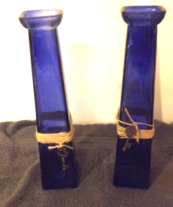 Pair Lot 2 Large Blue Glass Table Vase Pyramid Square Design 11"T Rustic Twine - Picture 1 of 3