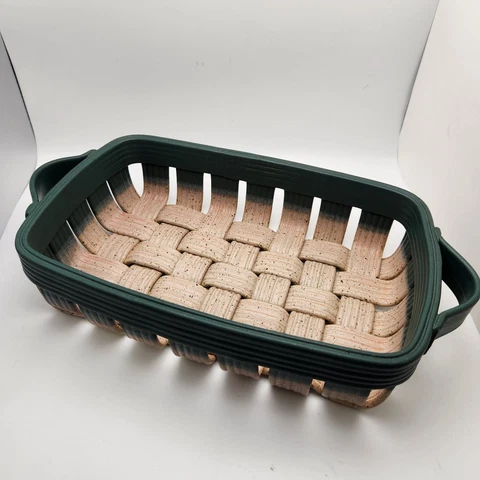 Ceramic Weaved Muffin Bread Basket Handles R H Stamp Cream Green 11 x 7β Cover