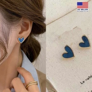 Fashion Women 925 Sterling Silver Earrings Blue Glazed Heart French Style 1541 - Picture 1 of 6