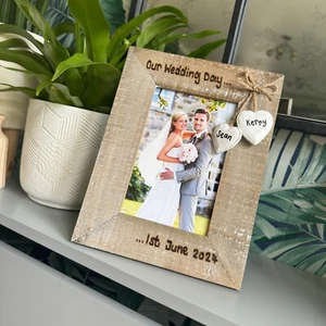 Wedding Day Photo Frame | Engraved Personalised Driftwood Picture Frame Mr Mrs - Picture 1 of 11