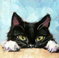 Original Oil Painting Cat Black White Kitten Cute Pet Art Signed MADE TO ORDER