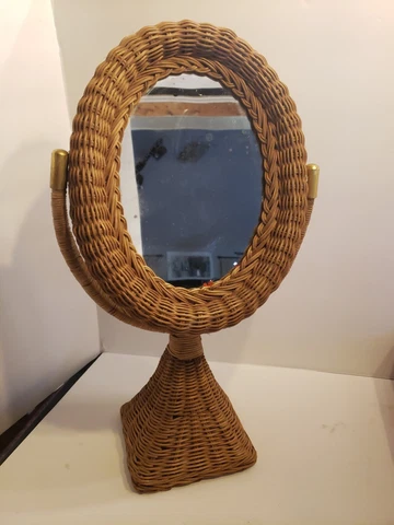VINTAGE ANTIQUE WICKER PEDESTAL OVAL VANITY MIRROR SWIVEL HAND MADE BOHO COTTAGE Cover