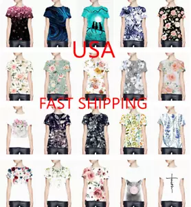 Blusa Mujer Floral Flor Gráfico Camisetas Moda Manga Corta Blanco Sedoso Camisas - Picture 1 of 24