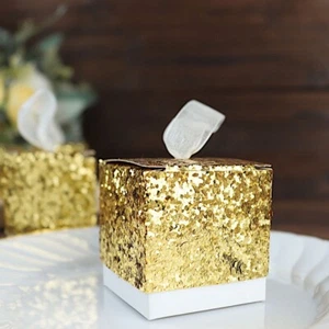 25 Gold 2 in Mini GIFT BOXES Sequin Glittered Favor Holders White Ribbon Party - Picture 1 of 9