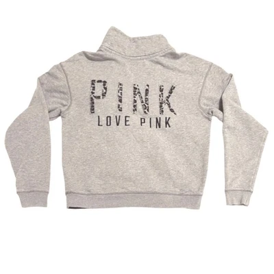 Victoria Secret PINK LOVE PINK Gris Media Cremallera Leopardo Logo Sudadera Talla MEDIANA Foto 1 de 4