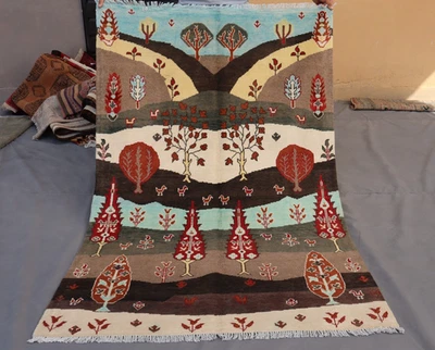 4x6 Colorful Afghan Gabbeh Landscape Rug with Trees Birds & Hills – Artistic - Image 1 of 4