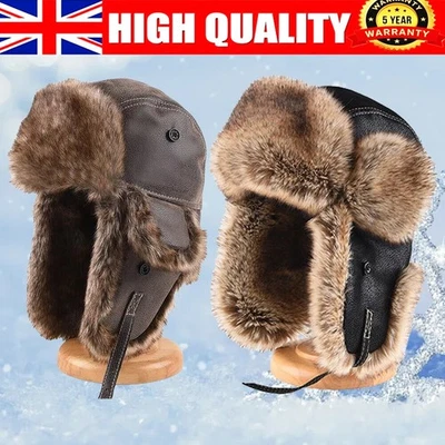 Men Aviator-Trapper Hat Fur_Winter Ski Ushanka Earflap Russian Faux Leather Warm