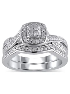 1/5 Ct Diamond Halo Women's Bridal Set Ring in Sterling Silver - Picture 1 of 12