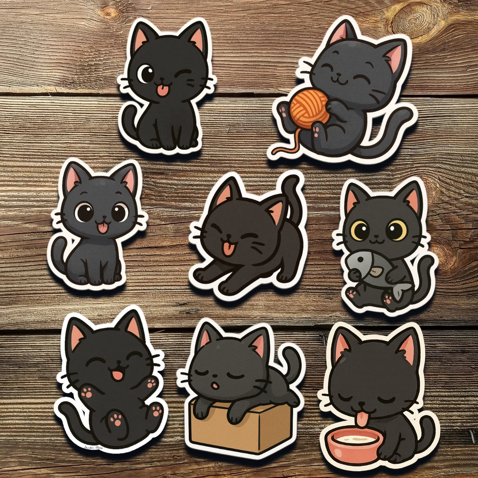 Black Cat Stickers – Cute Chibi Kitty Vinyl Set for Laptop, Journal & Scrapbook - Image 1 of 1