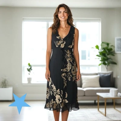 Sue Wong Womens Silk Burned Out Maxi Slip Black Tan dress 90s Y2K Vintage 12 L - Image 1 of 4