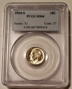 Moneda de diez centavos S Roosevelt 1954 MS66 PCGS - Imagen 1 de 4
