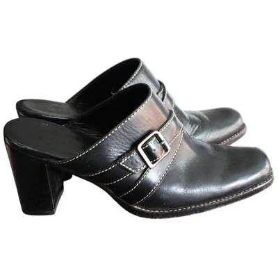 Vintage 90s Y2K Black Leather Mule Heels Buckle Slip on Square Toe Gianni Bini 8 - Image 1 of 4